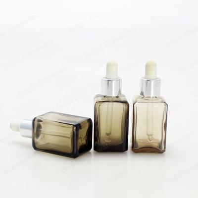 China Cosmetic Essential Oil Square Face Essential Oil Smoky Gray Eye Dropper Glass Bottle for sale