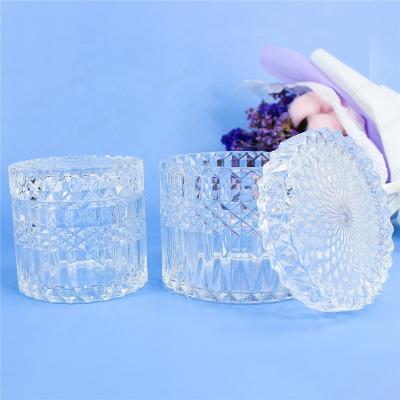 China Sustainable high quality small glass diamond candy jar with glass lid for candle or candy for sale