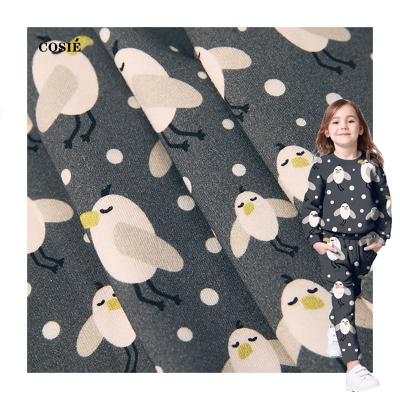 China Viable No Moq Dot Pattern Cartoon Seagull Bird Cotton Terry Cloth Print Custom French Digital Rayon Fabric For Women Clothes for sale