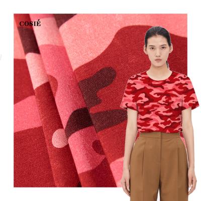 China Custom Viable Red Rayon Camouflage Pattern Digital Printing Rayon Fabric 100% Elastic Knitting Fabric For Women Dress for sale