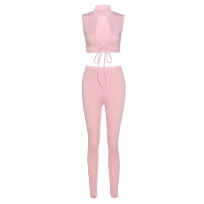 China Fashion Hot Selling Yoga Two Piece Sets Breathable Sportswear Women Crop Top Hollow Out Ladies Tracksuit Set for sale