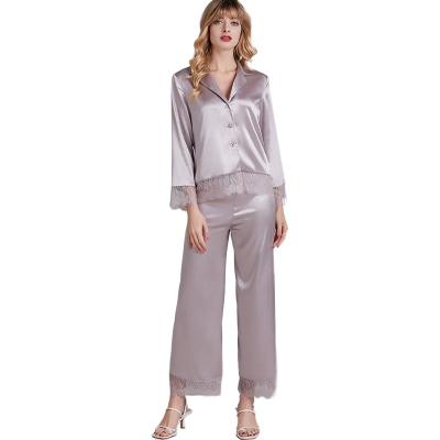 China 2021 new ladies pajamas summer new service ice breathable casual suit long-sleeved lace silk home thin pajamas for sale