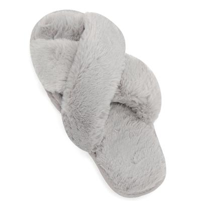 China Women Solid Color Breathable Open Toe Home Slippers Warm Cross Soft Plush Faux Fur Hairy Home Shoes Slippers for sale