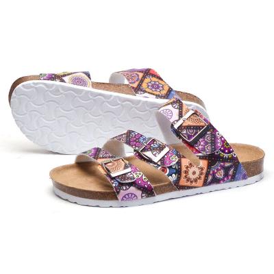 China Summer Printed Three Buckle Casual Cork Colorful Toe Slippers Fashion Trend Women Couples Shoe Unique Flat Open Slip-On Beach Sandals for sale