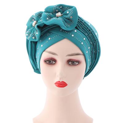 China New Hot Muslim Arab space layered turban wrap cap African Indian Indian headtie automatic piercing gele with beads for sale