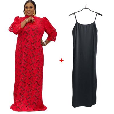 China Lace Up African Dress Long Robe Dubai Abaya Embroidery Lace Temperament Red Dress For Wedding for sale