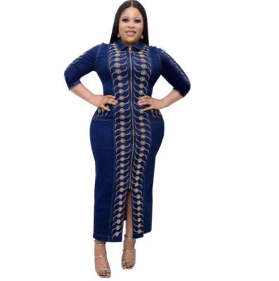 China African Traditional Hot Selling Women's Mid-Waist Blue Commuter Solid Blue Split-Waist Long Sleeve Denim Dress for sale