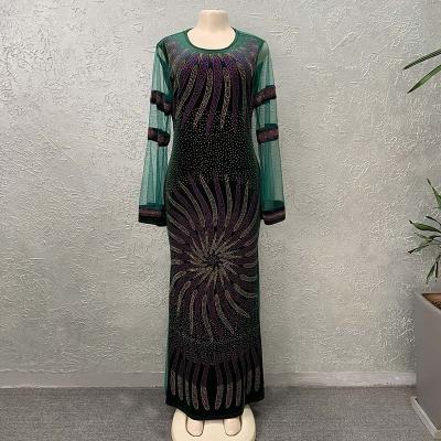 China High-waisted rhinestone dress African traditional flannel dress round neck flared long sleeve dress for sale