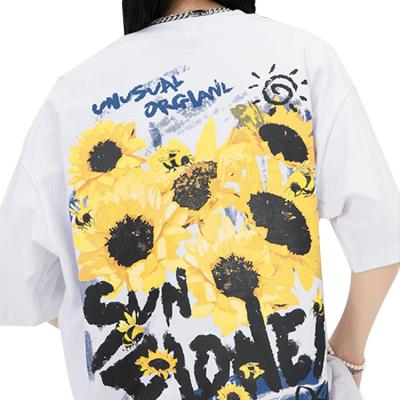 China High Quality QUICK DRY Sunflower Letter Oil Painting Drop Shoulder Sleeve Casual Loose Casual Short T-Shirt Graffiti Print For Women for sale