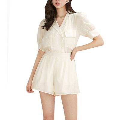 China New Vintage Fashion Bubble Sleeve Breathable Loose Wide Slim QUICK DRY Shirt Shorts Casual Two Piece Sets For Women for sale