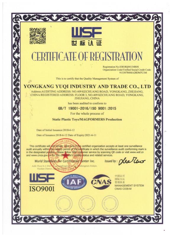 ISO9001 - Yongkang Yuqi Industry And Trade Co., Ltd.