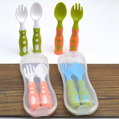 China P.P. Safe plastic baby spoon+ fork non-slip handle learning tableware kids dishes with storage box 2 pcs/set for sale