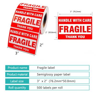 China Red Fragile Barcode Warning Tag 3x2 Label Custom Printed Fragile 3x1 Custom Sticker for sale