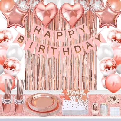 China Foil.latex Rose Gold Birthday Party Decorations set for girls or women, banner, curtains, Table runner, balloons, dishes, cups, cloth party for sale