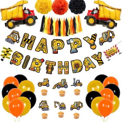 China Popular Decoration BALLOON ENGINEERING VEHICLE BIRTHDAY FLAG CAKE INSERT BALLOON SET Excavator Banner Party Decoration Round Balloon for sale