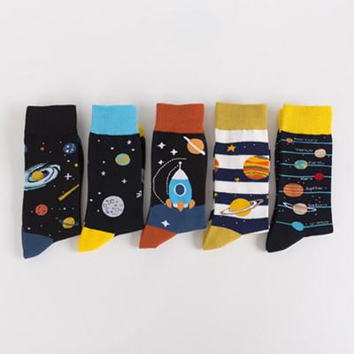 China Custom Made Funny Galaxy Series Breathable Mens Jacquard Socks Cotton Striped Wholesale Socks for sale