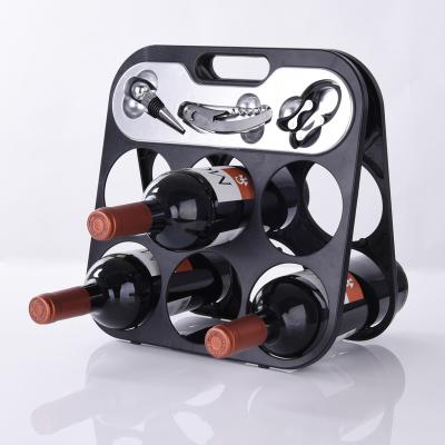 China Popular Folding Adjustable Plastic 2-Tier 6 Bottles Wine Display Rack Wine Holder Rack With Bottle Opener Wine Plug Aluminum Cutter for sale