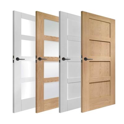 China Modern 4 Panel Oak Veneer Or White Primed Hotel Design Interior Solid Core With Tempered Glass Panel Entrance Shaker Style Doors for sale