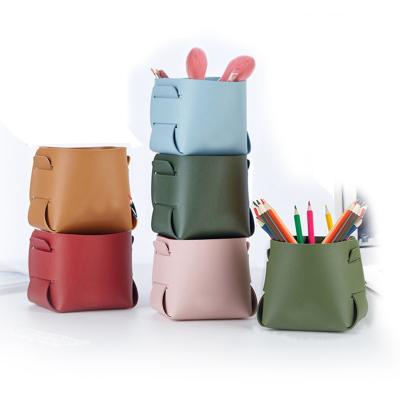 China Hot Selling Multi-Function Organizer Pen Cosmetic Pencil Holder Foldable Storage Box Mini Multifunctional Leather Viable Storage Tray for sale