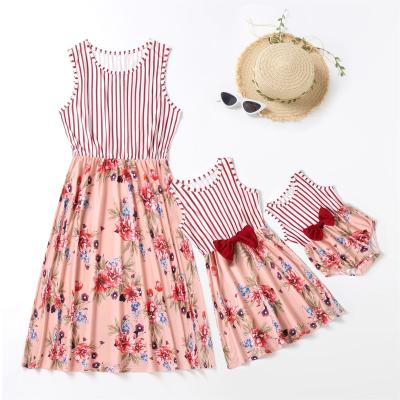 China Breathable New Arrives Striped-Panel Floral Print With Bow Mommy And Me Family Matching Dress for sale