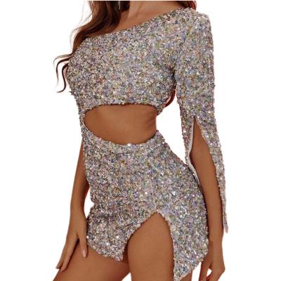 China Breathable women one shoulder sexy high waist hollowed out European and American sequin nightclub dress for sale