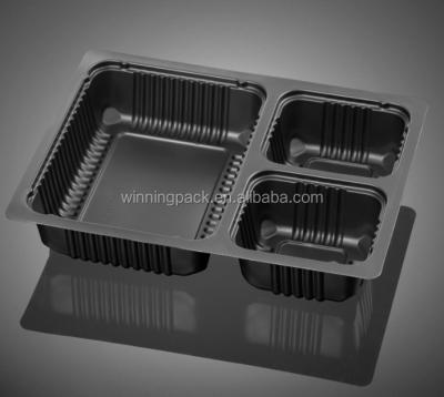 China Recyclable 3 Compartment Medium PP Black Plastic Disposable Food Prep Tray for sale