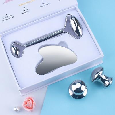 China Double gua sha tool kit stainless steel jade roller stainless steel roller and gua sha metal roller and guasha for sale