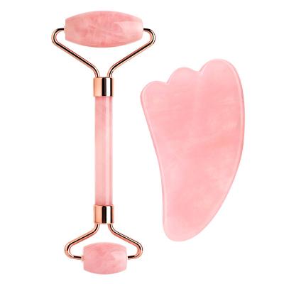 China Double rollers best price gemstone hand held rose quartz jade roller gua sha set face massage jade roller with box for sale