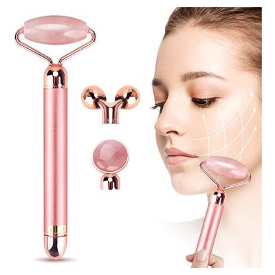 China Dual Rollers Facial Massager Electric Vibrating Rose Quartz Jade Face Roller For Skin Care Face Lifts Roller Massage for sale