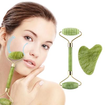 China Double rollers sell box beauty facial massager jade roller and gift set customized packaging high quality green xiuyan gua sha wholesale for sale