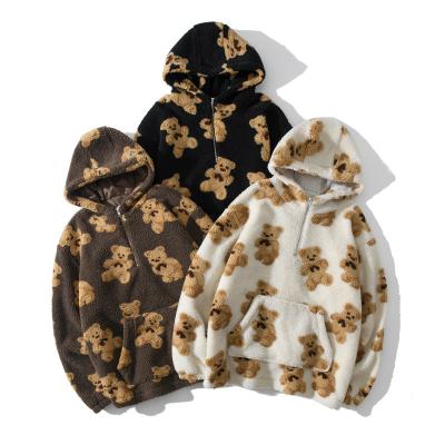 China Anti-Wrinkle Fashion Mens Lamb Wool Thicken Hoodies Winter Vintage Bear All Over Print Hooded Pullover Sweatshirts Shear Camouflage Zipper Hoodie for sale