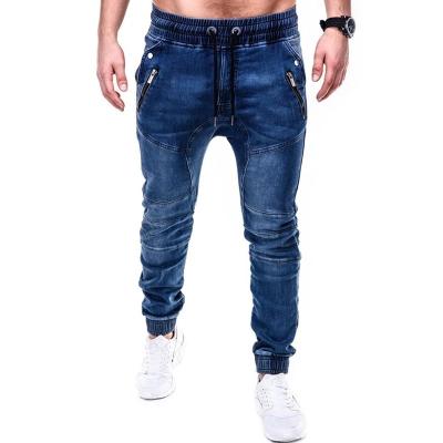 China Breathable Gray Slim Pants Denim Trousers Men's Blue Zipper Pencil Pants Pure Color Elastic Waist Washed Jeans Men for sale