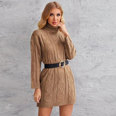 China Anti-Wrinkle FYB Soild Color Loose Knit Cable Turtle Neck Short Dress Women Wool Knitted Winter Sweater Dress for sale