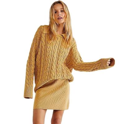 China FYB Custom Classic Anti-pilling Cable Knit Sweater Long Row Collared Design High Rise Women's Mini Skirt Top Set for sale