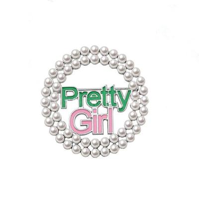 China Round Enamel Pin Pretty Girls Imitation Pearl Brooches Badge For Women for sale