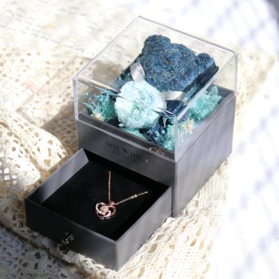 China Eco-Friendly Valentines Day Gifts Preserved Flower Gift Rose Flower Bear Drawer Necklace Ring Jewelry Box For Her Women Friends for sale