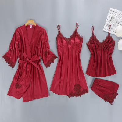 China YJC4020 Wholesale women nightwear four pieces robe sets of silk satin pajamas for sale