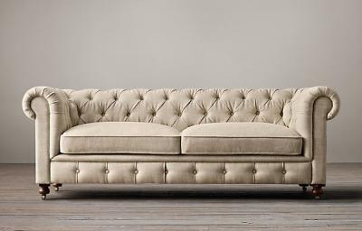 China Button tufted french living room sofa event linen fabric wing sofa long back upholstered sofa with armrest for sale