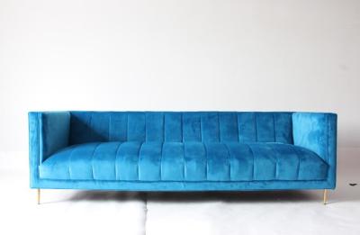 China Blue velvet fabric long back sofa armrest sofa home furniture nice design upholstered sofa stainless steel legs sofa for sale