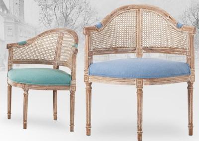 China Antique rental wedding upholstery chair event furniture with wooden carved rattan back chair with armrest and cushion for sale