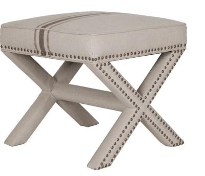 China French wooden folding ottoman with silver nails  linen fabric home furniture foot rest ottoman for sale