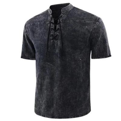 China New Design Men's Casual Short Sleeve Shirt Anti-Shrink Retro Solid Color Lace-Up Collar for sale