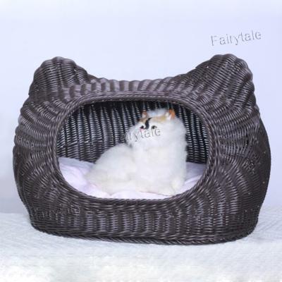 China Sustainable Hand - Cat Face Shaped Storage Basket PP Woven Rattan Pet Bed for sale