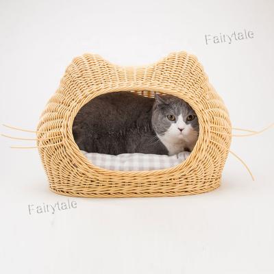 China Sustainable Hand - Cat Face Shaped Storage Basket PP Woven Rattan Pet Bed for sale