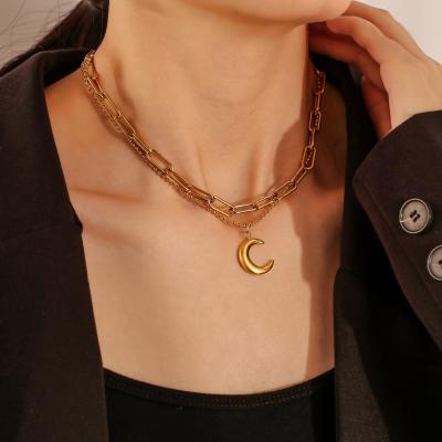 China TRENDY INS Fashion Gold Plated Pendant Necklace Women Stainless Steel Moon Layered Necklace for sale