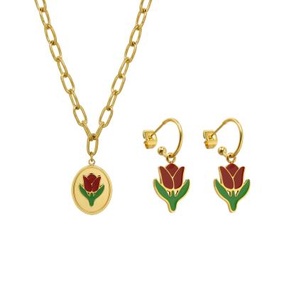 China FASHIONABLE French Court Style Gold Plated Drop Earrings Stainless Steel Flower Earrings Necklace Jewelry Set for sale