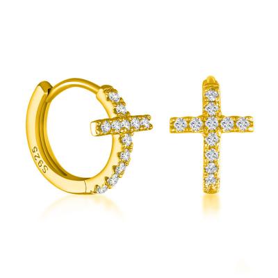 China New Trendy Gold Plated Tiny CZ Earrings Little Huggie 925 Sterling Silver Women Girls Cross Earrings For for sale