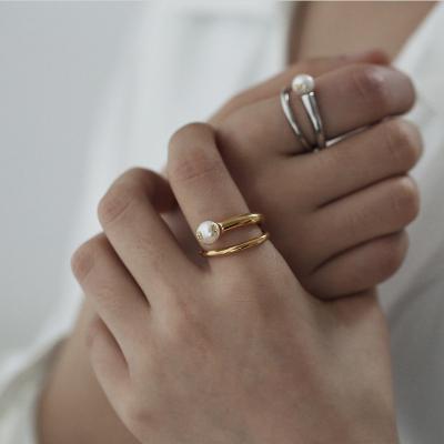 China FASHIONABLE European Luxury Retro Gold Plated Ring Women Fashion Double Layered Real Gold Foil Pearl Open Ring for sale