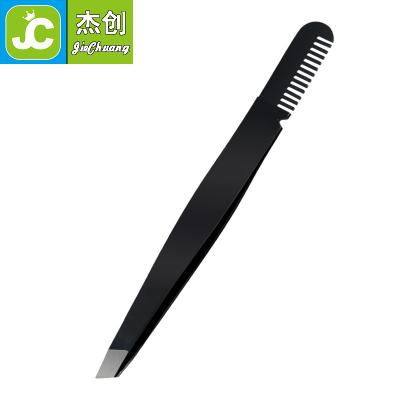 China Eyebrow Lash Beauty Tipped Black Stainless Steel Eyebrow Tweezers Hair Removal Eyebrow Pluckers With Comb for sale