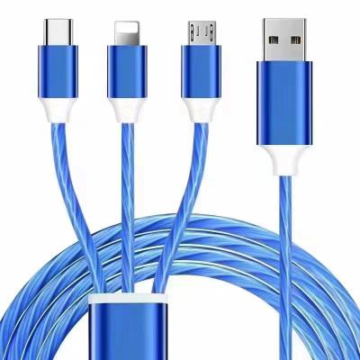 China Mobile Phone Tablet MP3 GPS 1.2m 3 in 1 LED Glow Flowing USB Charger Cable Micro Usb Type C 8 Pin Multifunction Fast Charging Cord Streamer Data Line for sale